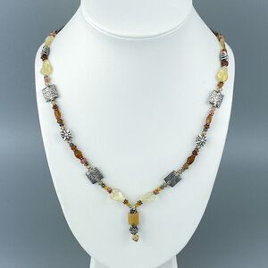 Vintage Silver Plated Gold Orange Clear Quartz Beaded Toggle Necklace 21"